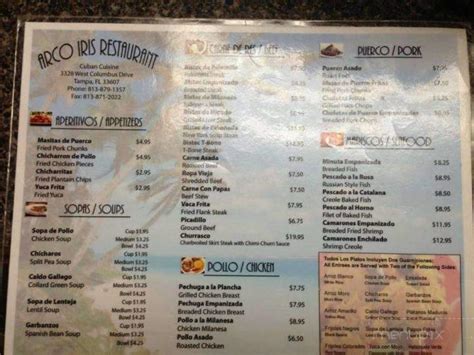 Arco Iris Casino Aberdeen Menu