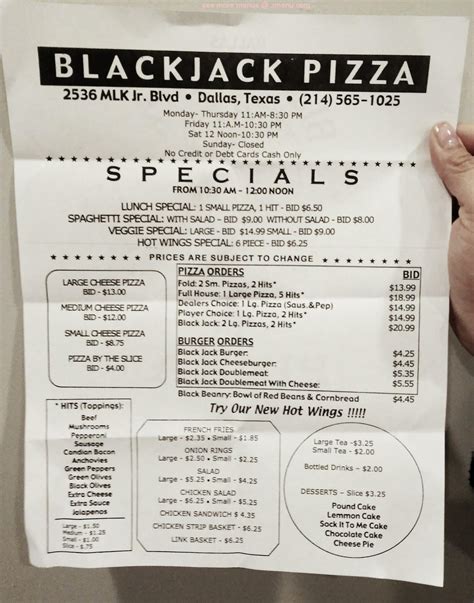 Blackjack Pizza Dallas Menu
